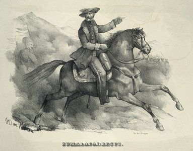 ZUMALACARREGUI, Tomas (1788-1835). Carlist general. Spain. First Carlist War. Zumalacarregui riding a horse. Engraving.