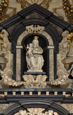 BELGIUM. Antwerp. Church of Saint Carolus Boromeus. Detail of the statue of the Virgin on the main altar. Baroque art. Architecture.