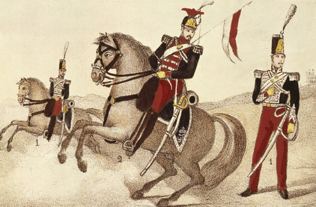 Spain. Hunters on horseback and lanciers of the Royal Guard, 1833 (lithograph)