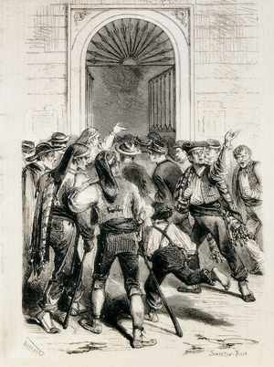 Spain (1873). Proclamation of the First Republic and storming of the Barcelona city hall (11th February 1873). Etching.