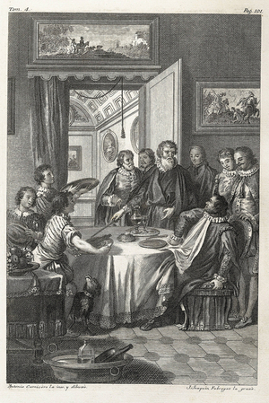 CARNICERO, Antonio (1748-1814). FABREGAT, Jose Joaquin (1748-1844). Sancho Panza in his Government. 1780. CERVANTES SAAVEDRA, Miguel de (1547-1616). Spanish writer. Illustration of chapter XLVII, 2nd part: “Where in is continued the account of how Sancho Panza conducted himself in his Government.” Engraving. SPAIN. MADRID (AUTONOMOUS COMMUNITY). Madrid. National Library