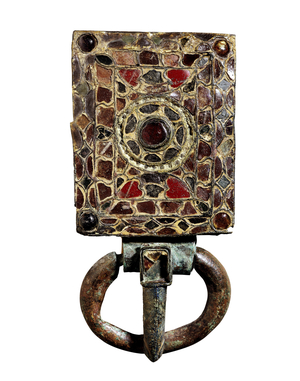 Brassy belt buckle with encrusted glasses, 7th century