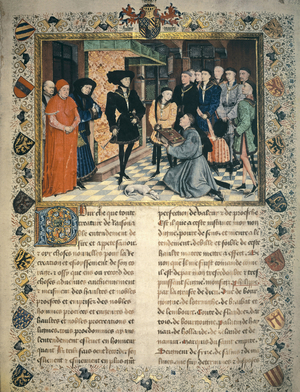 Jean Wauquelin (died 1452) presents the translation of the chronicles of Hainaut to Philip III of Burgundy, 15th century (miniature)