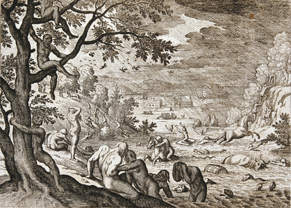 A flood myth or deluge myth. Illustration of the 'Biblia Sacra', 1704 (engraving)