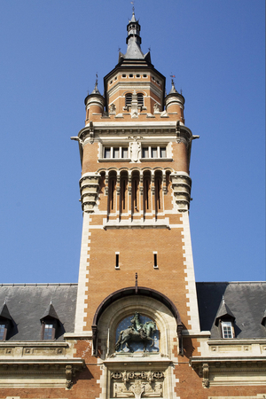 FRANCE. Hauts-de-France. NORTH. Dunkirk. City Council (City Hall). The City Hall was rebuilt in 1901 and restored in 1955. Detail of the bell tower. UNESCO World Heritage Site from 2005. Architecture. Photography