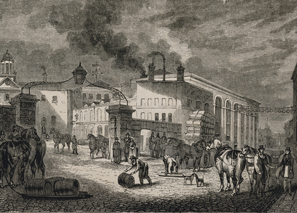 Main door of Barclay's Pub in London. Published in 'The Pictorial Gallery of Arts”.