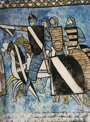 SPAIN. CASTILE AND LEON. Valladolid. Monastery of San Bernardo de Valbuena. Castilian army, group of Christian soldiers riding horses. 14th c. Fresco painting on “” La Reconquista””. Gothic Art