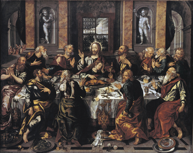 VAZQUEZ, Alonso (1564-1608). Last Supper. 1588. (318x402 cm). Representation of the Last Supper framed by a Renaissance palace architecture. It comes from the refectory of La Cartuja in Seville. Mannerism art. Painting. SPAIN. ANDALUSIA. Sevilla. Fine Arts Museum. SPAIN. ANDALUSIA. SEVILLA. Sevilla. Monastery of Santa Maria de las Cuevas (St. Mary of the Caves)