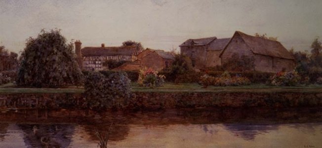 A House and Farm Buildings by a River