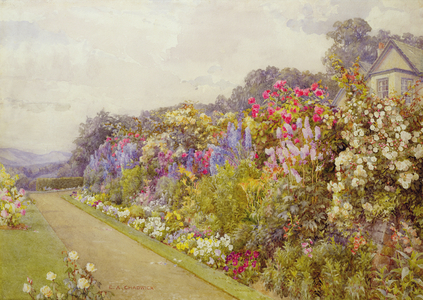 Delphinium Border, at 'Fellside', Windermere, 1910 (w/c on paper)