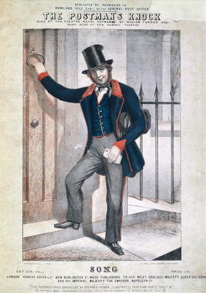 "The Postman's Knock", cover of a song sheet, by Stephen Glover (1812-70), c.1850 (colour litho)