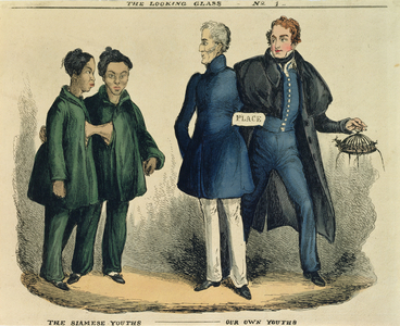 "The Siamese Youths - Our Own Youths", satirical cartoon from 'The Looking Glass', c.1829 (coloured etching)