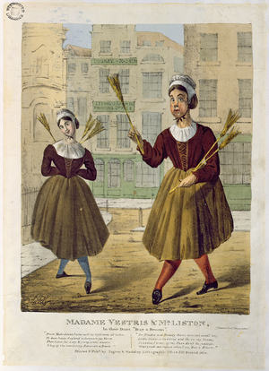 Madame Vestris and Mr Liston in their Duet 'Buy a Broom', pub. by Ingrey & Madeley, 1826 (colour litho)