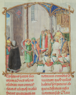 Ordination into the Priesthood from the 'Pontifical of Bishop Erasmus Ciolek', c.1510 (tempera & gold on parchment)
