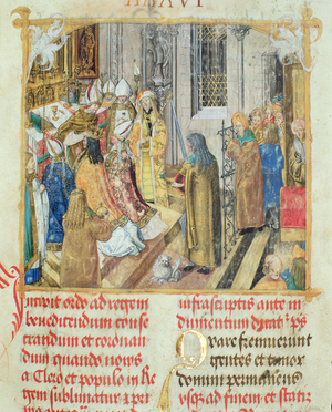 Coronation of the King of Poland from the 'Pontifical of Bishop Erasmus Ciolek', c.1510 (tempera & gold on parchment)