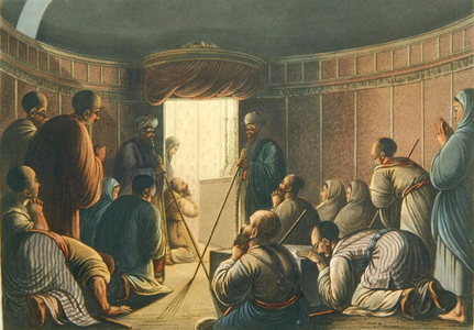 Entrance to the Chapel of the Holy Sepulchre, from 'Views in Palestine', printed London 1804 (colour litho)