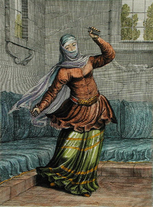 Tchinguis, or Turkish Dancer, plate 54 from 'Recueil de Cent Estampes representant differentes Nations du Levant tirees sur les Tableaux Peints d'apres Nature...', 1707-08 (coloured engraving)