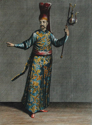 L'Thriktar-Agassi, plate 6 from 'Rescueil de Cent Etampes representant differentes Nations du Levant tirees sur les Tableaux Peints d'apres Nature...', engraved by Scotin, Gerard Jean Baptiste (1671-1716) 1707-08 (coloured engraving)