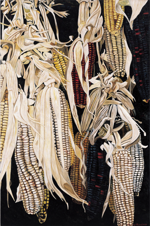 Hanging maize cobs, one red, 2004 (oil on linen)