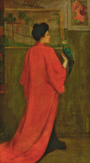 Woman in Red Holding a Parrot (oil on canvas)