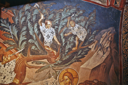 The Entry of Christ Into Jerusalem. Detail: Children cutting palm tree branches, 14th century (fresco)