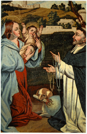 The Virgin Mary presents Jesus to St. Dominic (oil on board) (detail of 308141)