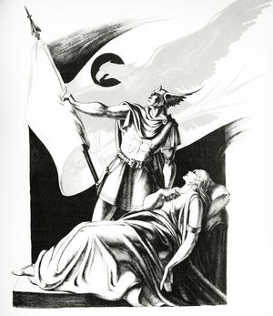 Bendeguz leaves his wife, the pregnant and sick Alleeta, frightened by the red eagle on her husband's flag, 1938 (litho)