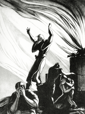 Nimrod, having sacrificed his favourite horse 'Taltos'and asked the god of fire, Hadur, for a sign to show how his people may be saved from starvation, is answered by fire, gales and thunder, 1938 (litho)
