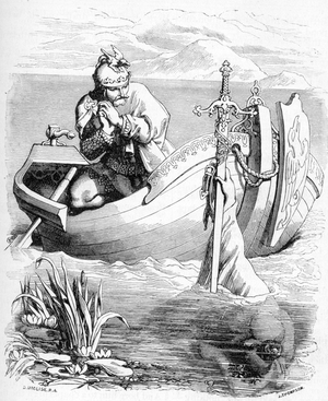 Sir Bedivere sees an arm catching King Arthur's sword in the lake, 1901 (litho)