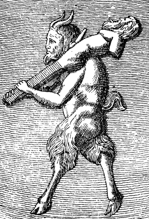 Satyr carrying a herm, detail from a small portable temple dedicated ro the worship of Priapus (engraving) (detail of 405756)