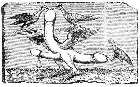Triple phallus with wings, legs and feet of a goat, a bell, wings, two birds pecking the largest penis and another bird holding down the tail with its foot (engraving)