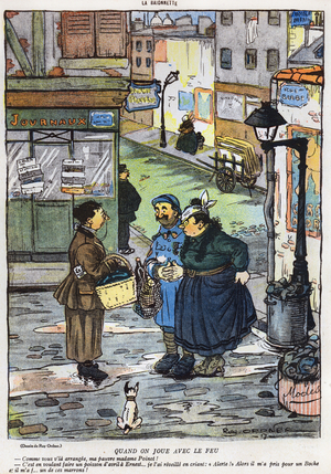 Cartoon depicting the result of a wife's attempt to play a trick on her husband, from the 'April Fool's Day ('Poisson d'Avril') edition of 'La Baionette' magazine, 29 March 1917 (colour litho)