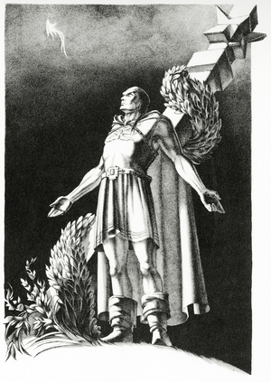 Attila, the Red Eagle, prays by the altar built to the god, Hadur, after the arrival of the Huns in the Promised Land, 1938 (litho)