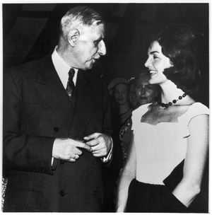 General Charles de Gaulle (1890-1970) conversing with Jacqueline Kennedy (1929-94) at the French Embassy in America, 22th April 1960 (b/w photo)