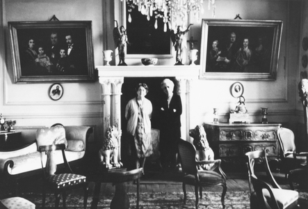 Madame Yvonne de Gaulle (1900-79) and Madame Cada Vendroux standing in the lounge of the Chateau of Septfontaines, c.1965 (b/w photo)