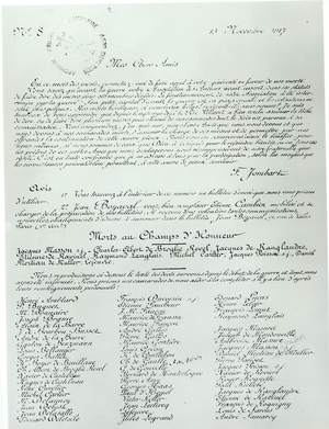 Letter to the Old Boys of the College of Antoing in Belgium, with a list of those Killed in Action, where can be read the name of Charles de Gaulle (1890-1970) 15th November 1917 (b/w photo)
