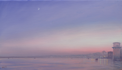 Moon over Varanasi (oil on canvas)