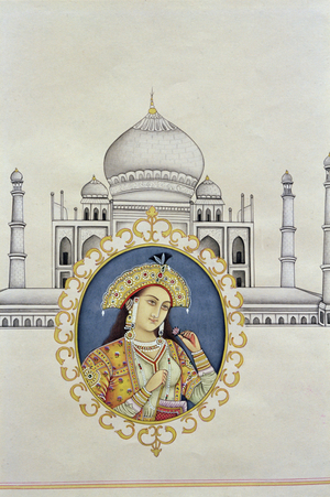 Portrait of Arjumand Banu Begum (d.1631) Mumtaz-i Mahal and the Taj Mahal, built to house her tomb by her husband Shah Jahan (1592-1666) (gouache and w/c on paper) (see 184169)