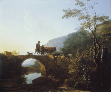 Bridge in an Italian landscape (oil on panel)