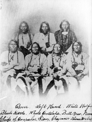 Bosse, Left Hand, White Wolf, Black Kettle, White Antelope, Bull Bear, Neva: Chiefs of Arapahoe, Soiux, Cheyenne and Kiowa tribes, c.1860-68 (b/w photo)