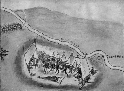Situation of Indian tents and the 3rd Colorado Regiment at the beginning of the Sand Creek fight, c.1864-80 (litho)