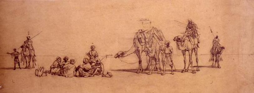 Figures and camels in the desert (pencil on tracing paper laid onto card)