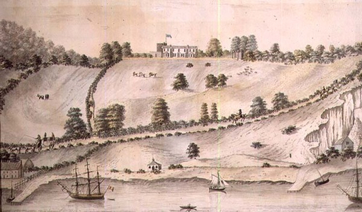 River landscape with shipping and the Dover Coach, c.1800 (pen and wash) (pair of 72976)