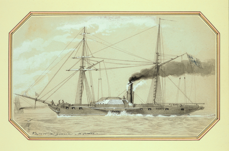 A paddle driven steam warship (pencil and wash, heightened with white)