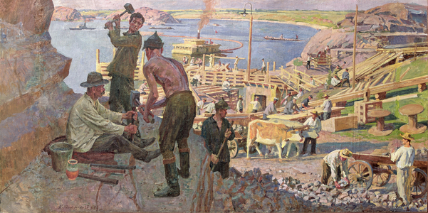 Workers of the First Five Year Plan Period: Construction of Drieproges Hydroelectric Station (oil on canvas)