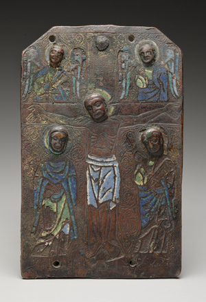 Fragment of a plaque from a reliquary chasse depicting the crucifixion, 1175/1200 (champleve enamel on copper with traces of gilt)