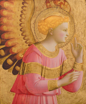 Annunciatory Angel, 1450-55 (gold leaf and tempera on wood panel) (see also 139312)
