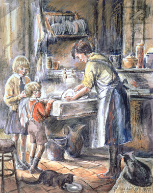 Helping with the Washing Up, 1975 (w/c and crayon)