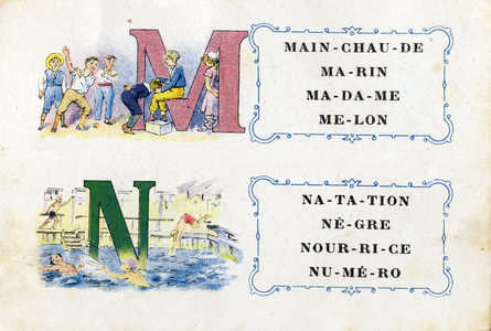 Letter M and N as warm hand and swimming. Alphabet de la Phosphatine Falieres Alphabet brevete S.G.D.G. by pharmacist Pierre Emile Falieres . Illustrations in chromolithography, late 19th century