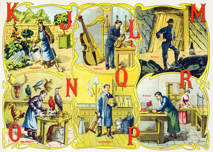 J a R : Jardinier, Luthier, Mineur, Naturaliste, Quincailler, Relieur, 1900 (chromolithograph)